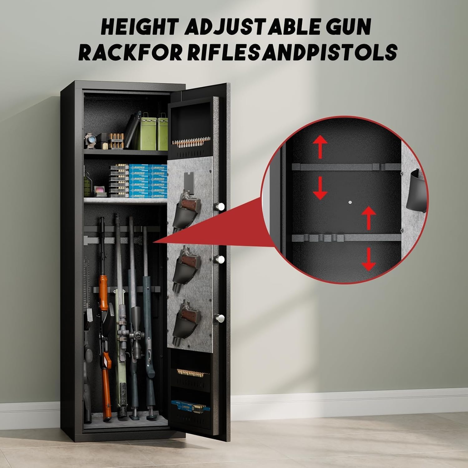 [No Assembly Required] 10-12 Gun Safe for Home Rifle and Pistols, Fingerprint & Digital Keypad Entry, Heavy-Duty Steel Cabinet with Adjustable Shelves, 57"H for Long Guns & Pistols, Black