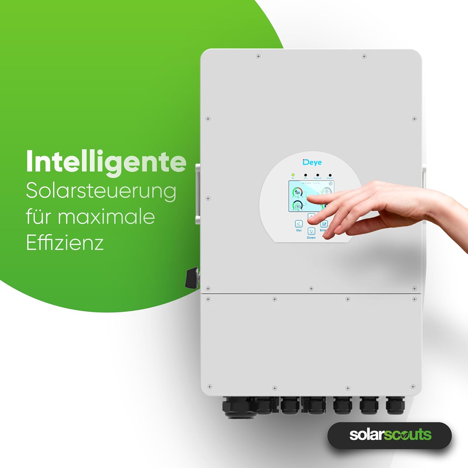 Hand interacting with the inverter's intelligent solar control display