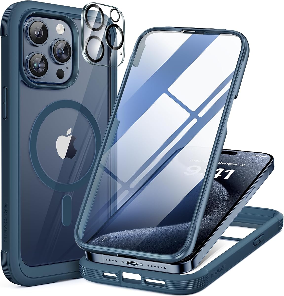 miracase Funda magnética para iPhone 15 Pro [Compatible con MagSafe] Funda de cuerpo completo para teléfono con protector de pantalla de vidrio incorporado y protector de cámara, cubierta militar a prueba de caídas 15 Pro de 6,1 pulgadas, azul tormenta