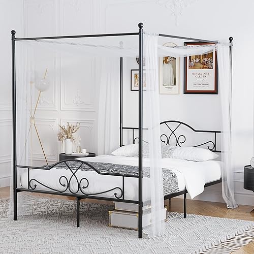 Weehom Marco de cama de metal tamaño matrimonial con cabecero y estribo, cuatro pósteres de diseño de cortinas de cama, base de colchón, plataforma