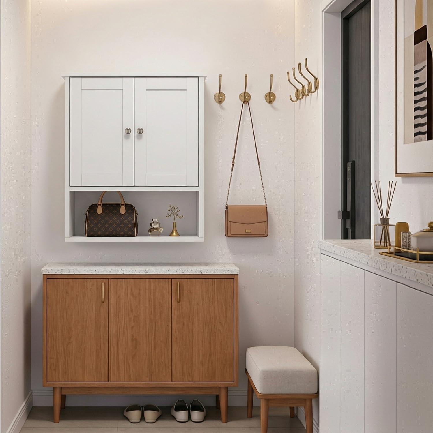LEADZM Armoire Murale Salle de Bain, Meuble WC Suspendu avec 2 Portes, Étagère Réglable, Placard de Rangement pour Toilette, Salon (Style 2, Blanc)