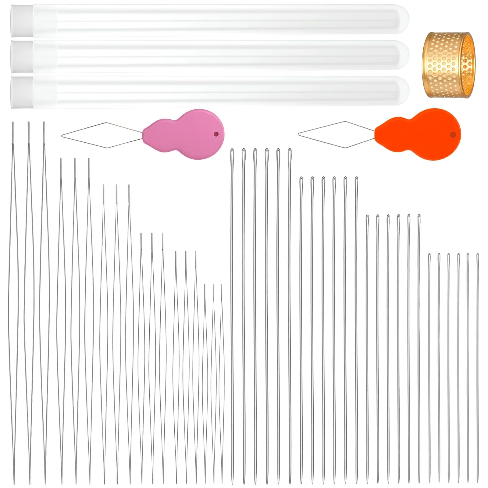 Beading Needles Sewing Needles Set, 18 Pcs Collapsible Eye Bead Weaving Needles, 24 Pcs Large Eye Stitching Needles Hand Sewing Needles with Thimble, Needle Threader, and Needle Bottles for Threading