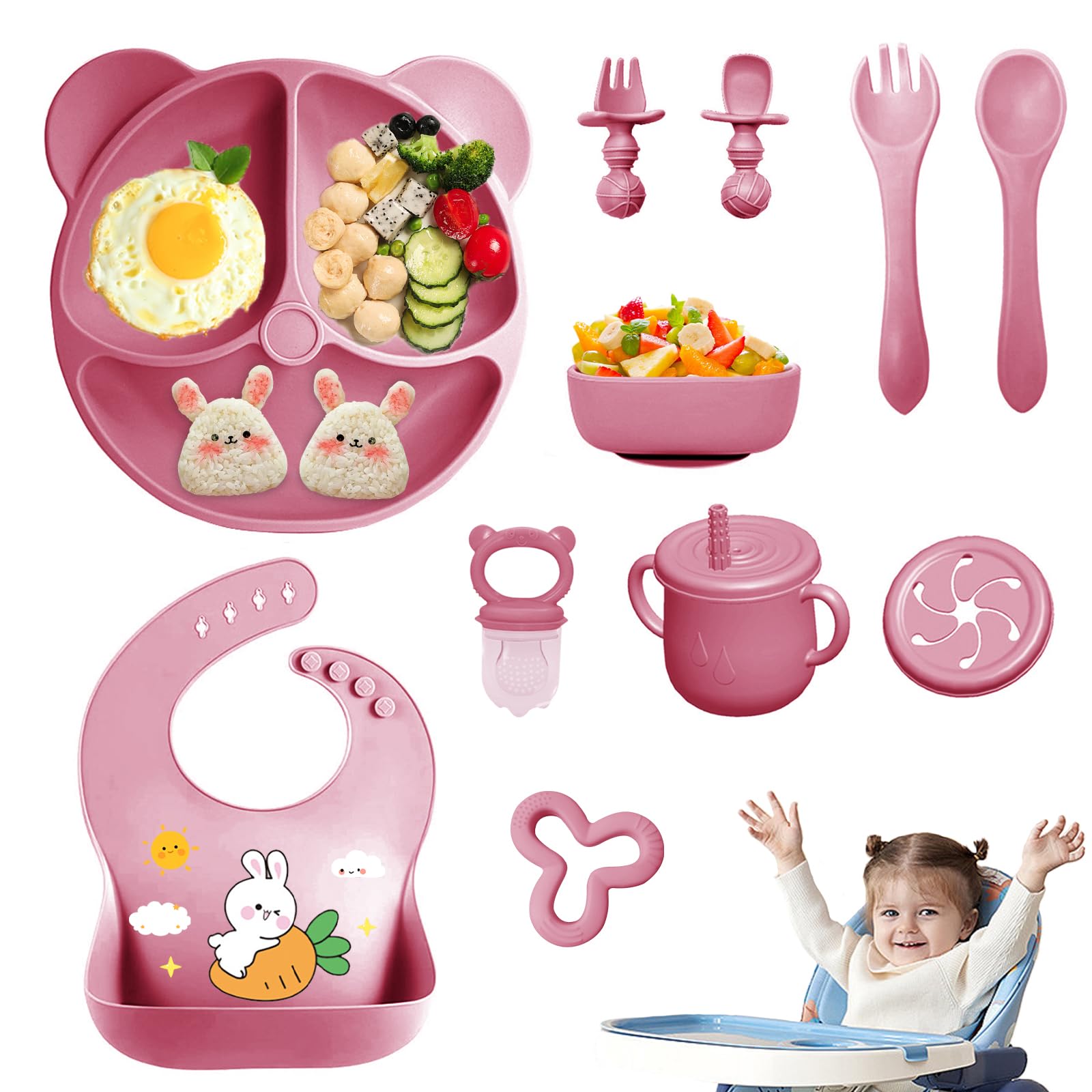 Coffret Repas Bebe 11 pièces, Vaisselle Antiderapant pour Bébé Set Silicone avec Ventouse Assiette Bol Fourche Cuillère Bavoir et Tasse, Enfant Set Couverts Vaisselle Pour Sevrage Manger (Rose foncé)