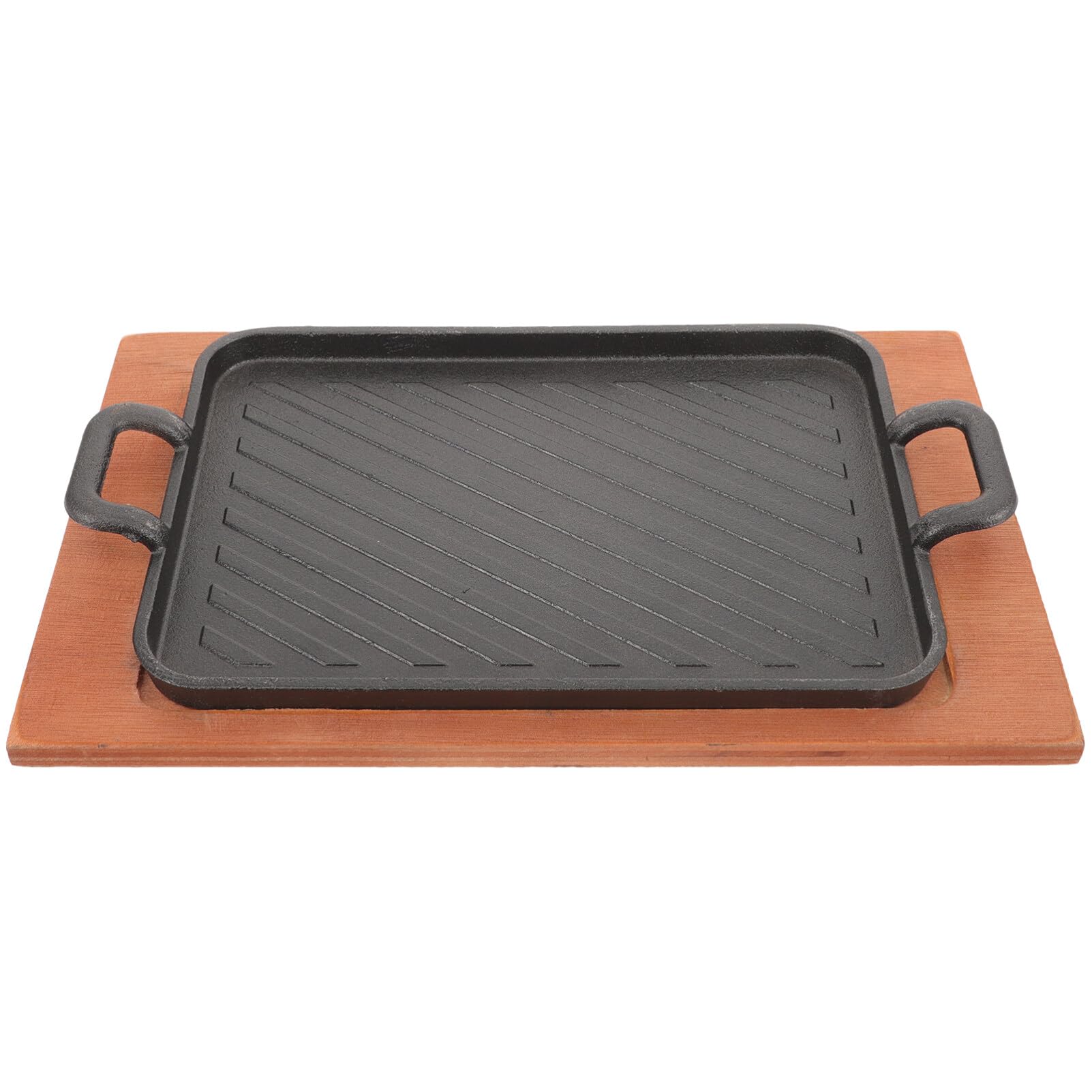 Heavy Duty Cast Iron Griddle Pan with Wooden Base, Rectangular Sizzling Plate for Bbq, Steak, and Frying, 12.20 X 7.48 X 1.57 Inches, Ideal for Home and Restaurant Use