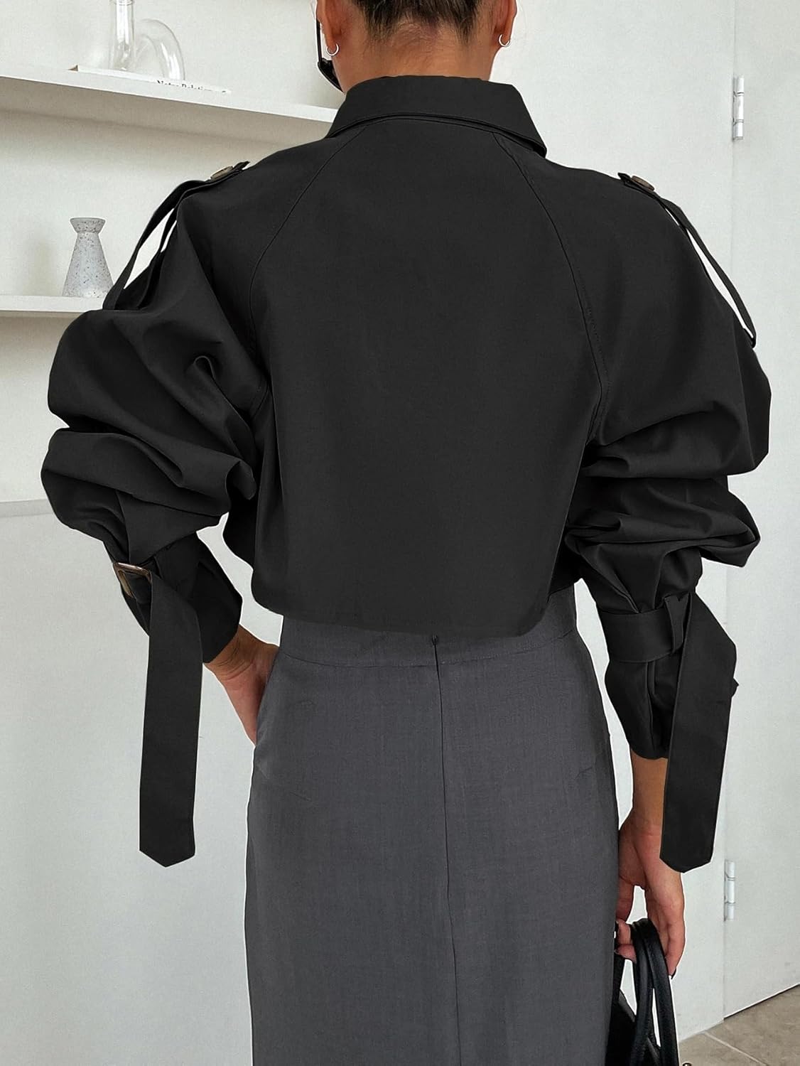 Women's Trench Coat Casual Button Collar Long Sleeve Raglan Sleeve Crop Trench Coat Classic Overcoat
