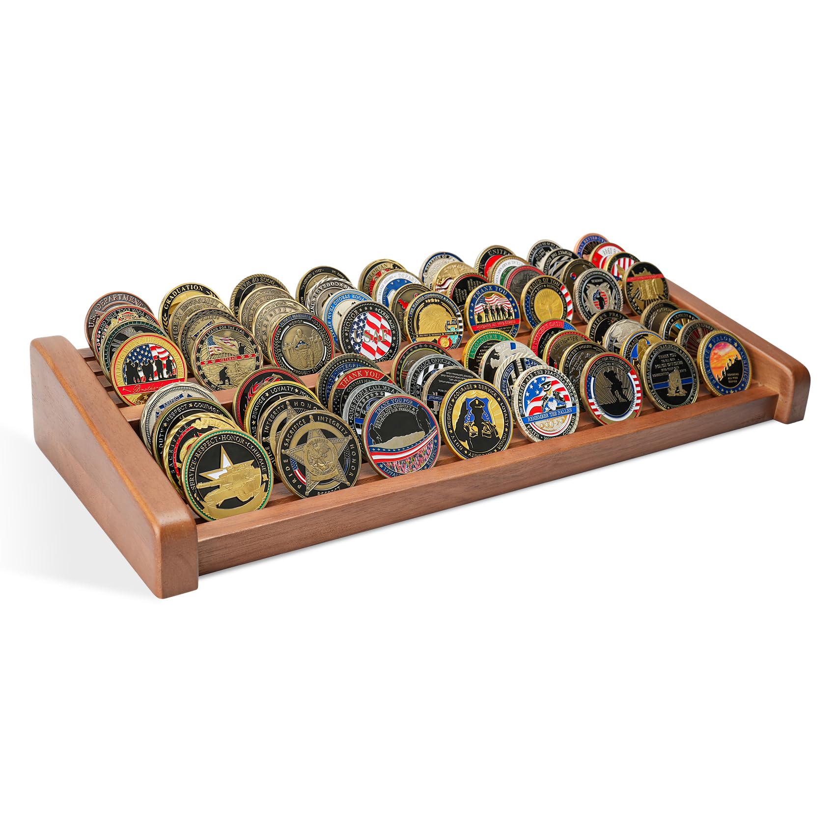DecoWoodo Challenge Coin Display Holder, 8 Rows Wooden Military Coin Stand Holds 60-70 Coins, Army Coin Display Rack for Desk (Walnut Finish)