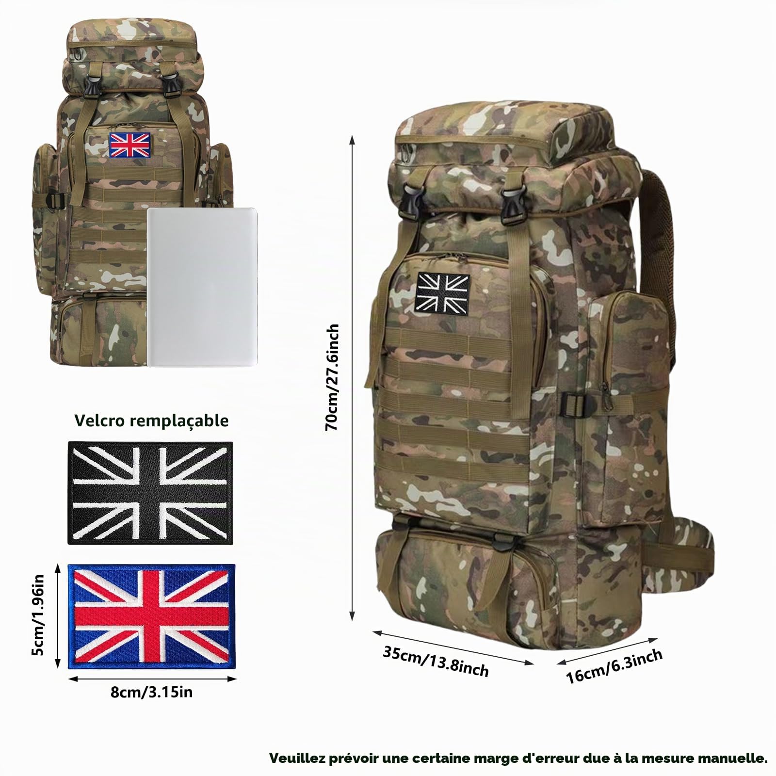 80L Waterproof Hiking Backpack, Lightweight Tactical Rucksack for Camping & Travel, Large Capacity, with 2 British Flags, Black (BLACK)