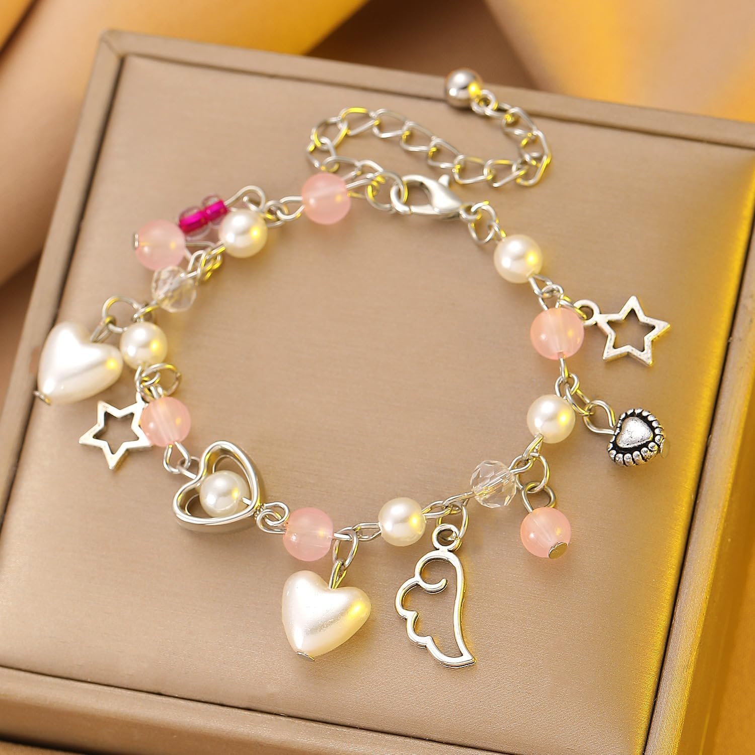 POYAMUSE Y2K Pink Charm Bracelet – Aesthetic Beaded Bracelets with Star, Heart, Bow Charms, Coquette Jewelry for Women