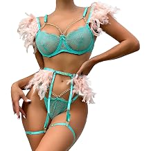 Women Sheer Lace Feather Chain 3 Piece Underwire Garter Lingerie Set