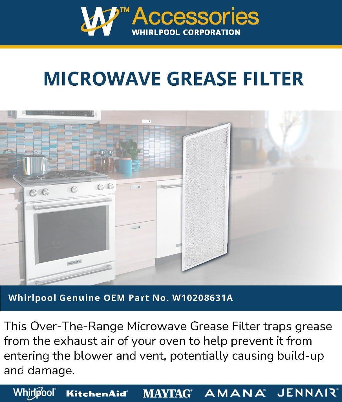 Whirlpool W10208631A Genuine OEM Over-The-Range Microwave Grease Filter Replaces W10208631