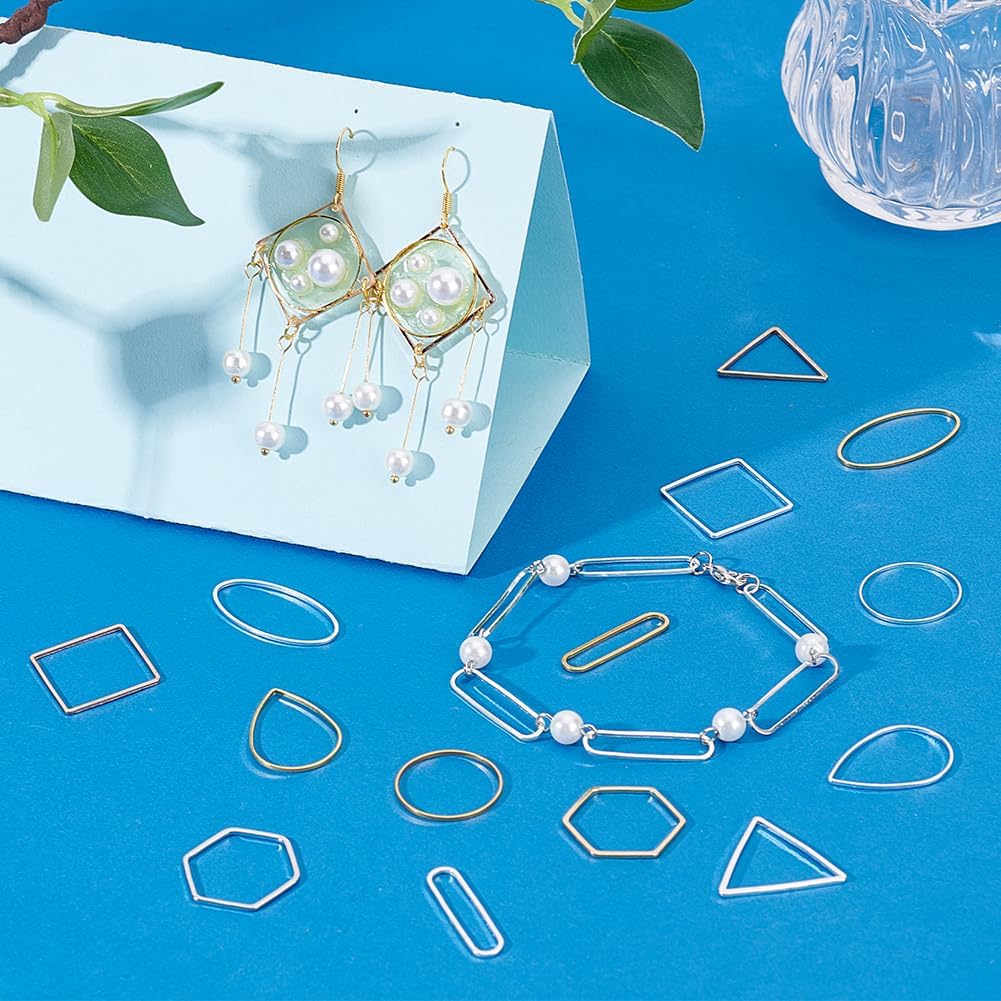 PH PandaHall 140pcs 7 Styles Beading Hoops for Jewellery Making Earring Making Supplies Square Round Teardrop Frame Connectors Rings Triangular Earrings Bezels for DIY Crafts Silver, Golden