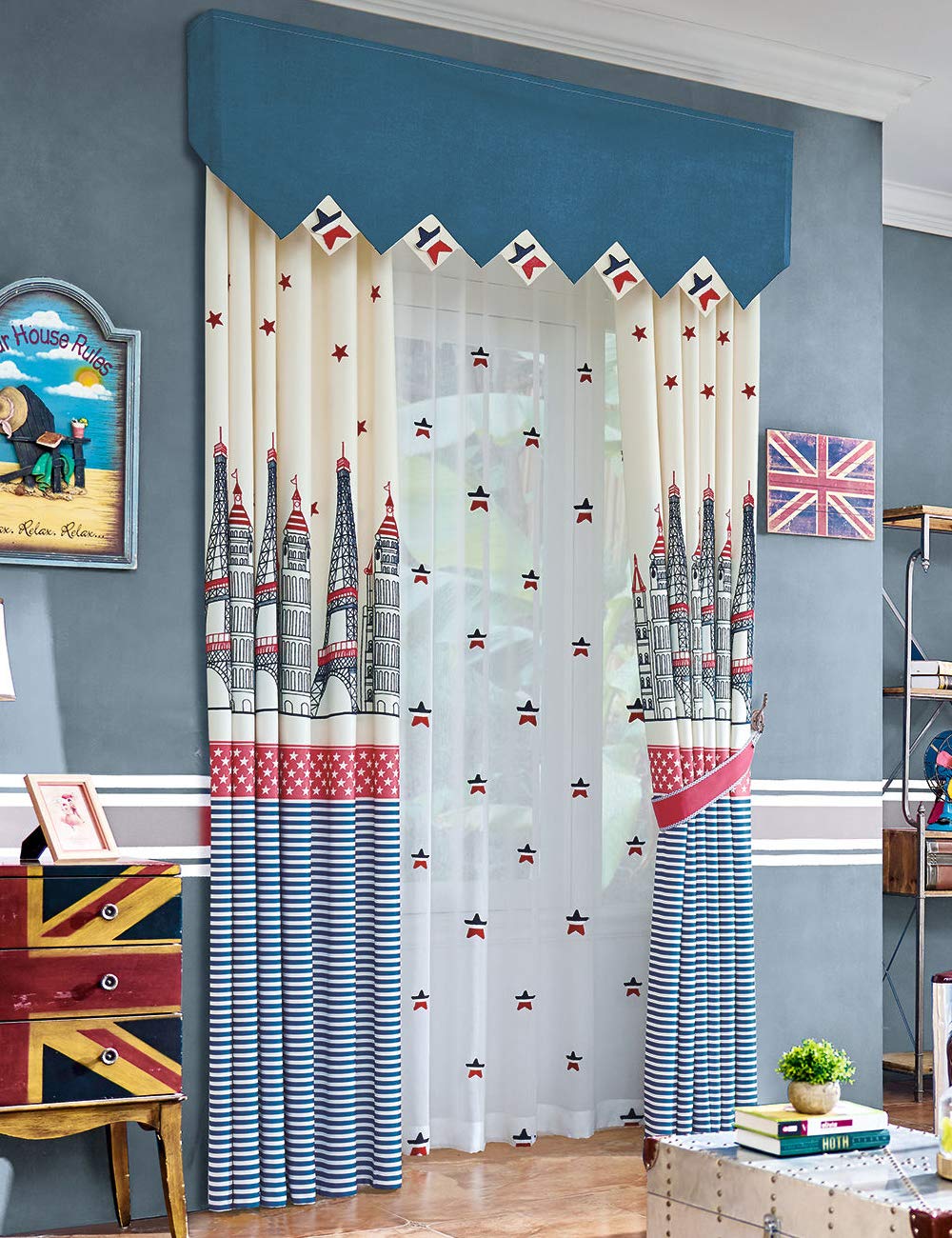 Lactraum Rideau Chambre Enfant Garçon Brodé Etoile Tour Eiffel Big Ben Coulissant Tour de Pisa Opaque avec Ruban Universel 145x245cm