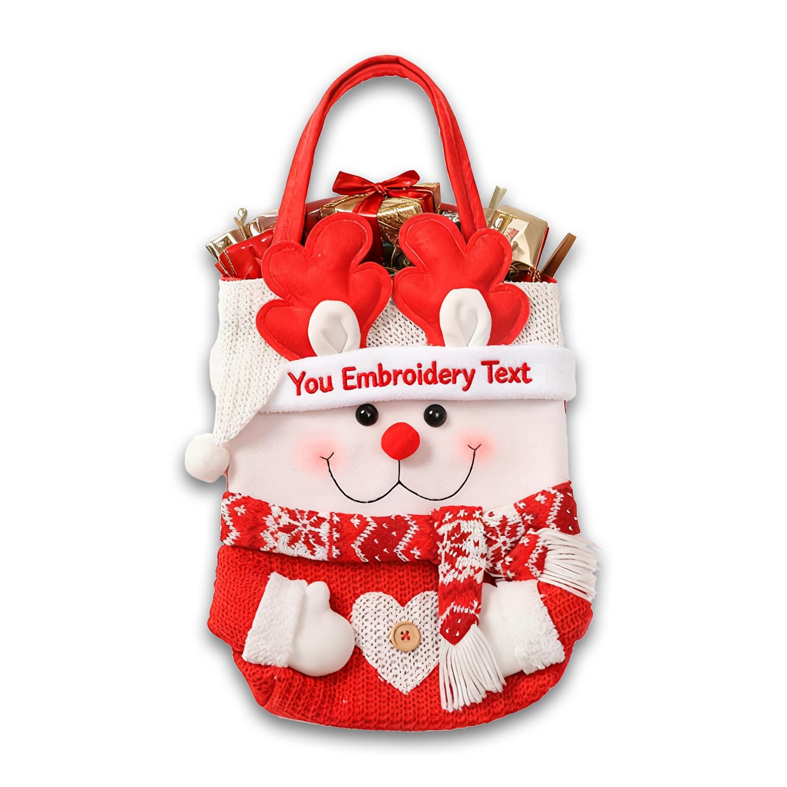 Personalised Christmas Gifts Bags With Embroidery Text,Custom Xmas Cartoon Gifts Tote Bag Reusable With Handles,Xmas Party Sweet Basket For Kids (Reindeer)