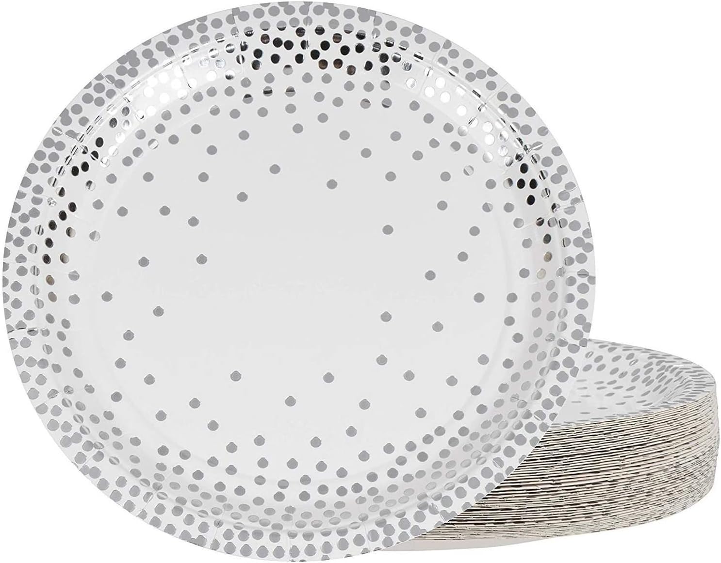 48 Pack Metallic Silver Disposable Party Plates with Confetti Foil Polka Dotted Designs (9 In)