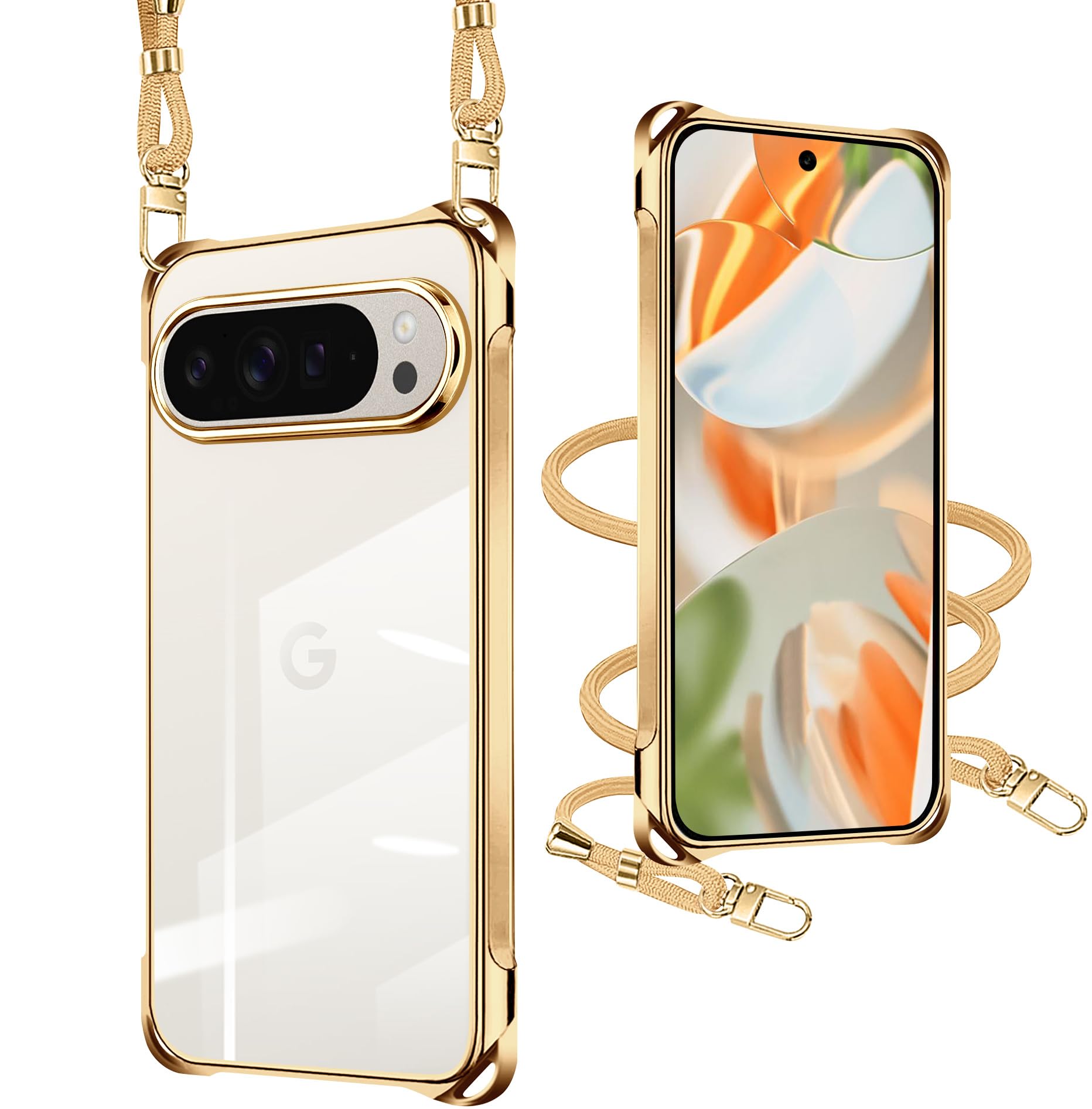 Google Pixel 10 用 ケース クリア Google Pixel 10 Pro 用 ケース ショルダー ピクセル10/10Pro 携帯カバー 耐衝撃 全面保護 スマホケース ストラップ付き 肩掛け 斜めかけ 縄掛けケース TPU 薄型 軽量 取り外し可能 落下防止 柔軟【ゴールド】