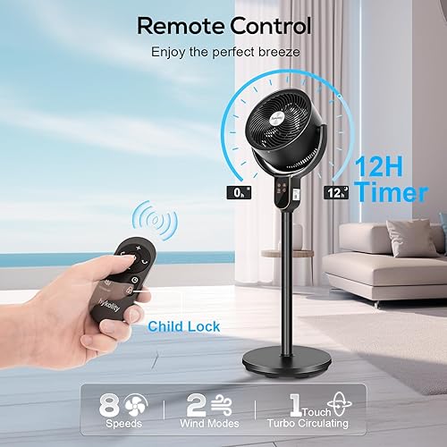 Miniatura 6 de hykolity Ventilador para dormitorio, ventilador de pie oscilante omnidireccional de 90+70, pedestal 3 en 1 y ventilador de mesa, ventilador de piso