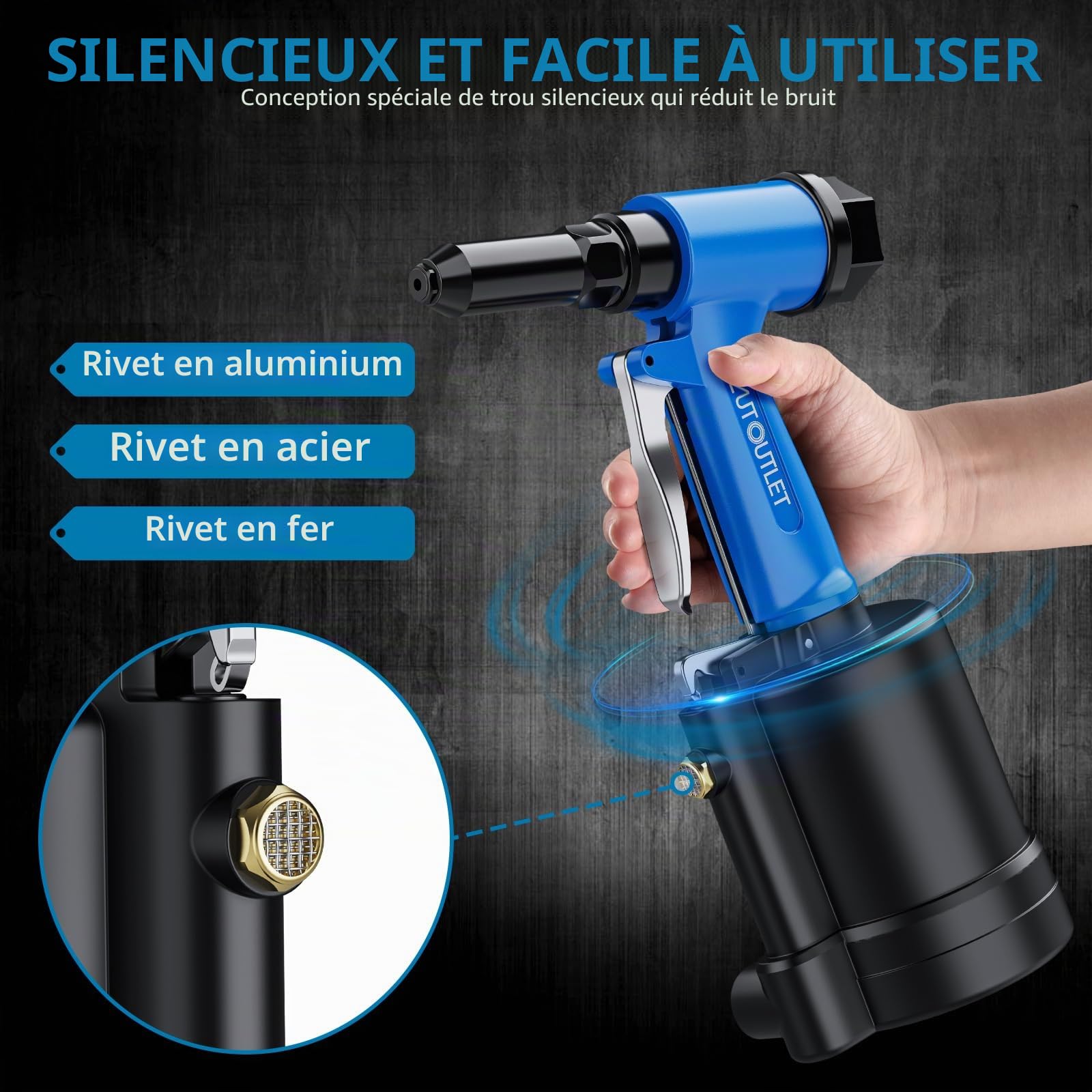 AUTOUTLET Pistolet à riveter pneumatique, 3/32", 1/8", 5/32", 3/16", 1/4", pression de traction 1780KGF, idéal pour la maison, la décoration, l'industrie