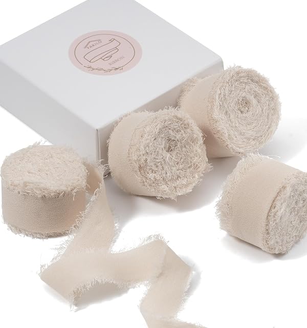 FAKILO Chiffon Ribbon with Frayed Edge, Beige Silk Chiffon Ribbon 4 Rolls 1'' X 5 Yd for Wedding Invitations, Bridal Bouquets, Gifts Wrapping, DIY Crafts
