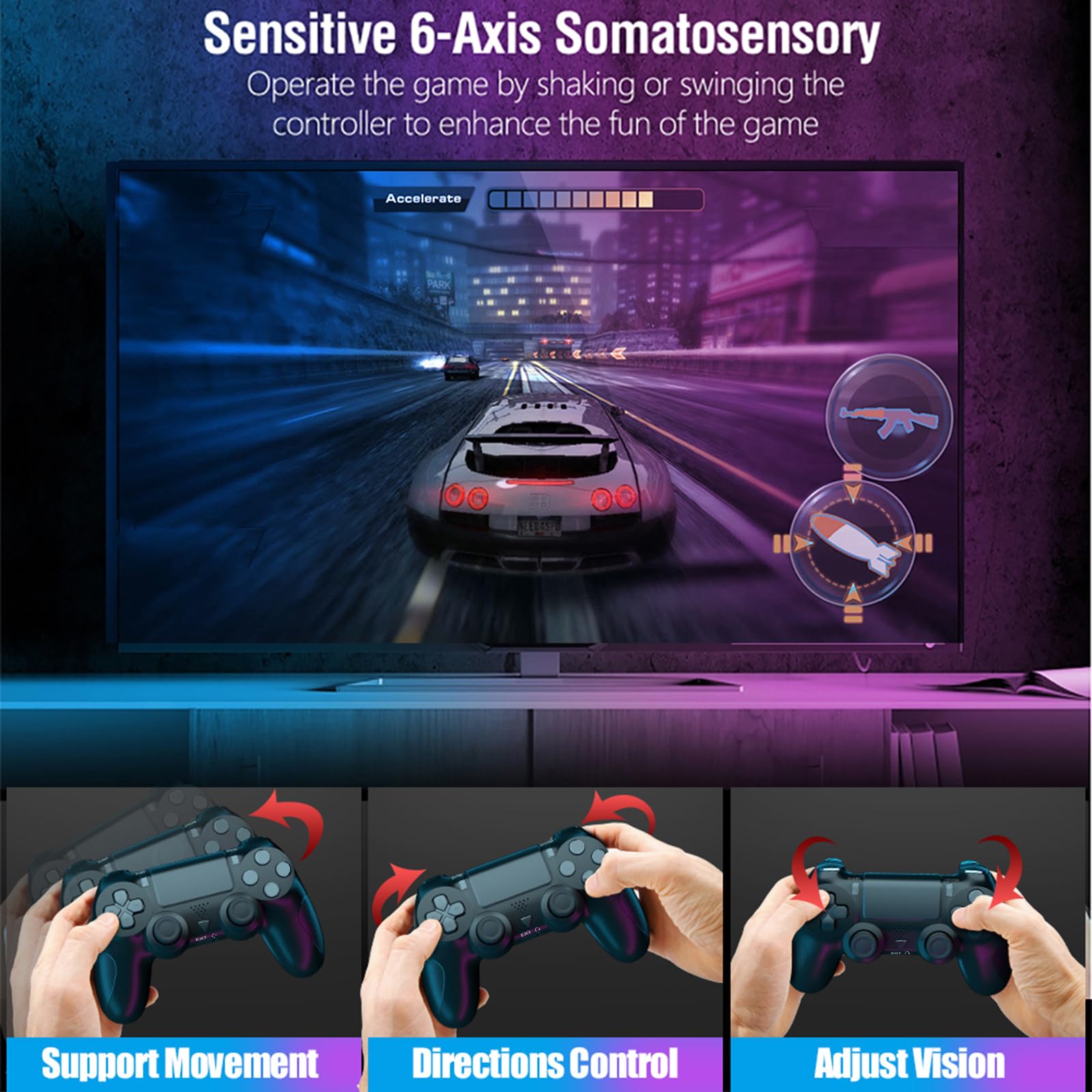 Wireless Controller für PS-4, LED Game Controller Kompatibel mit PS-4/Slim/Pro/PC, Gamepad mit Dual Vibration, Touchpad, 6-Achse
