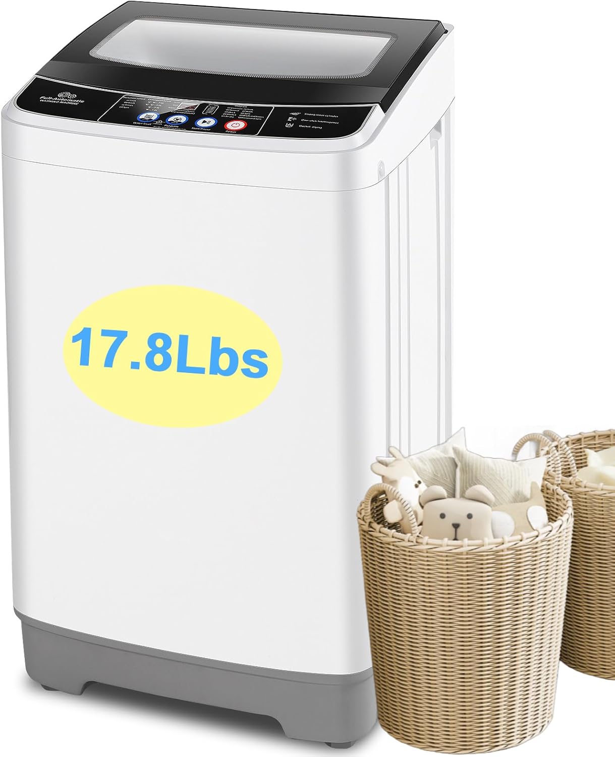 Nictemaw Portable Washing Machine 17.8 Lbs Capacity Portable Washer with Drain Pump, 2.4 Cu.ft Compact Laundry Washer with Glass Top Lid, 10 Programs & 8 Water Levels, Ideal for Home, Apartment, RV