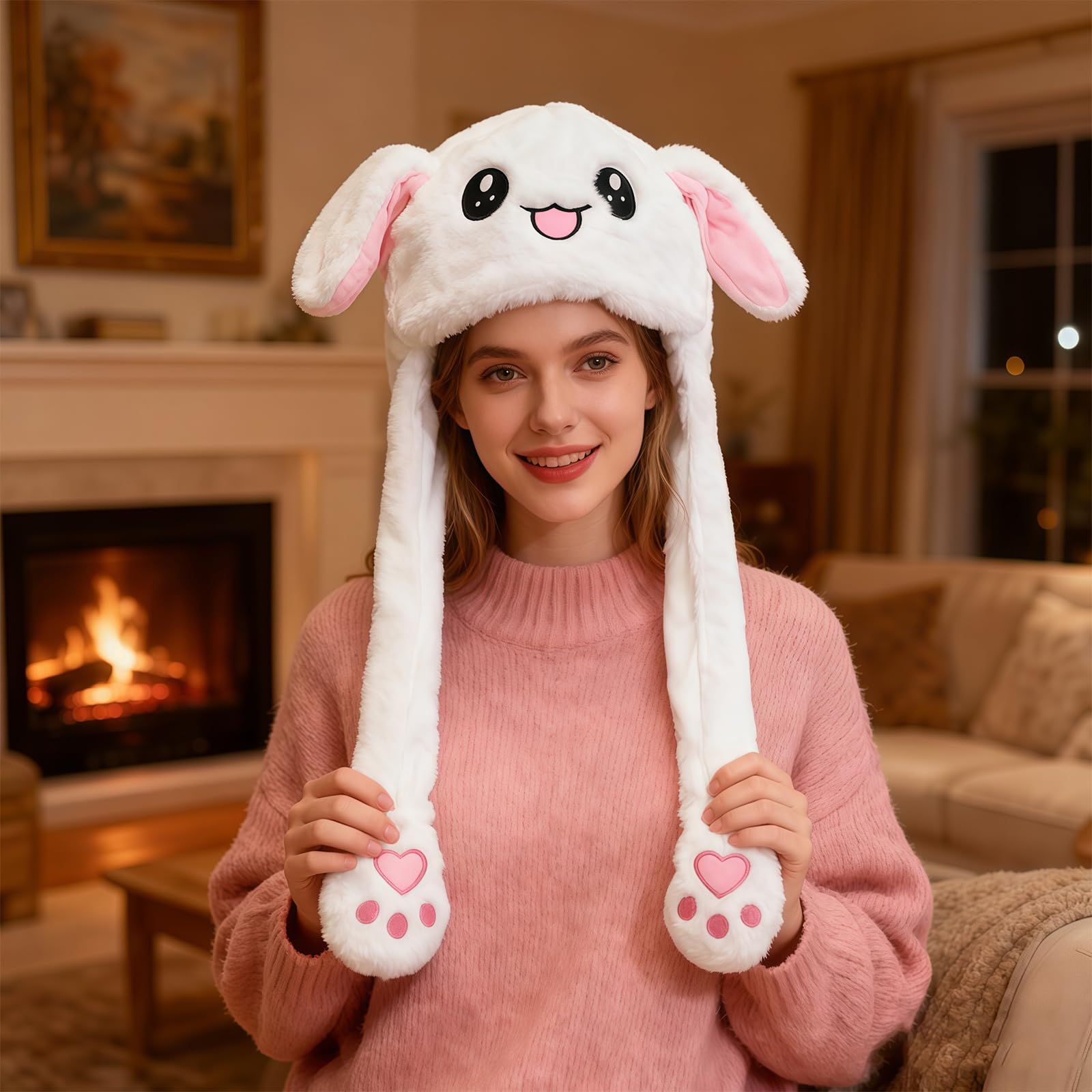 MUNSKT Bunny Hat with Moving Floppy Ears, Soft Plush Jumping Animal Ear Hat for Women, Cute Rabbit Ears Costume Accessory for Easter, Christmas Party, Fun Gifts for Her (White) - Image 4