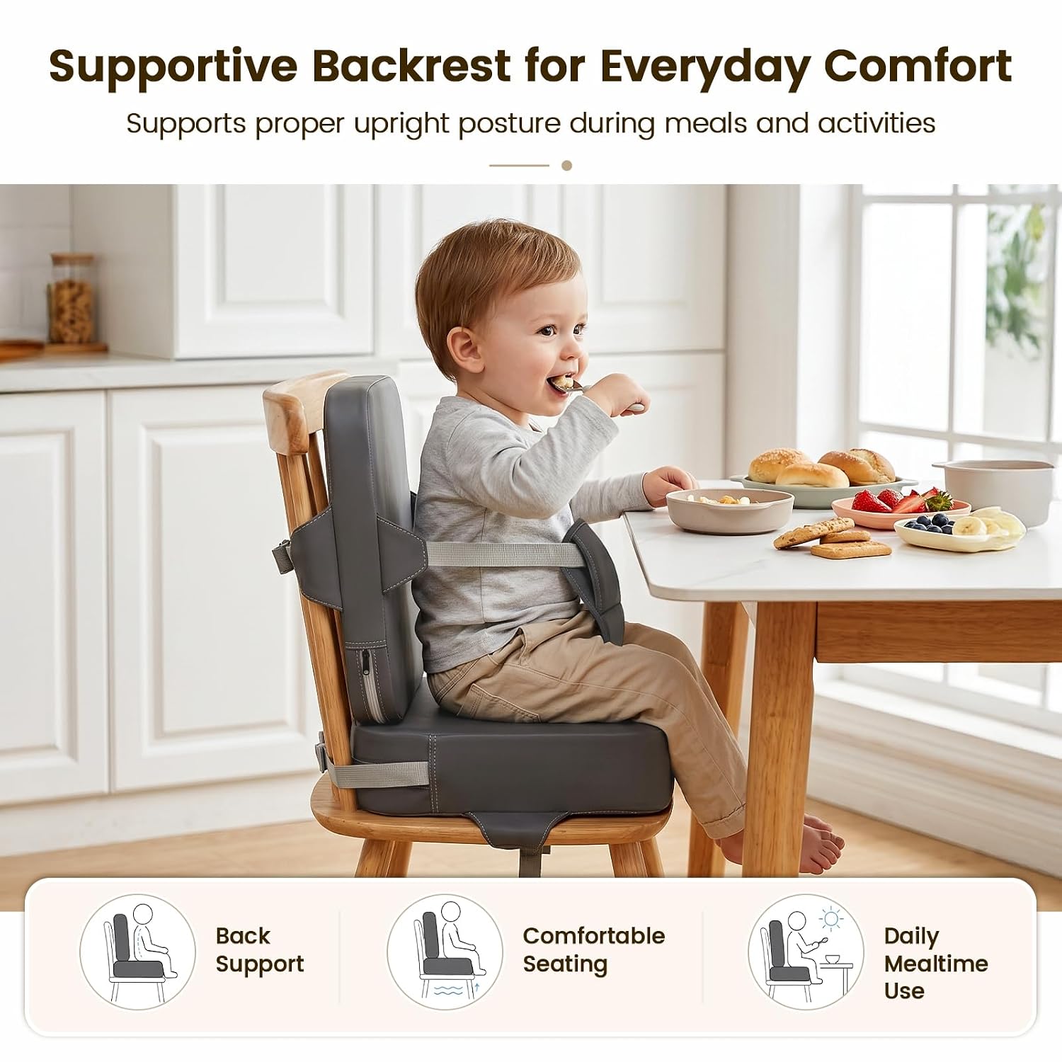 Booster Seat for Kitchen Chair for Toddlers & Kids | 3.5” High Density Foam Toddler Booster Seat for Dining Table with 2” Backrest, Front Safety Buckle, Travel Booster Chair