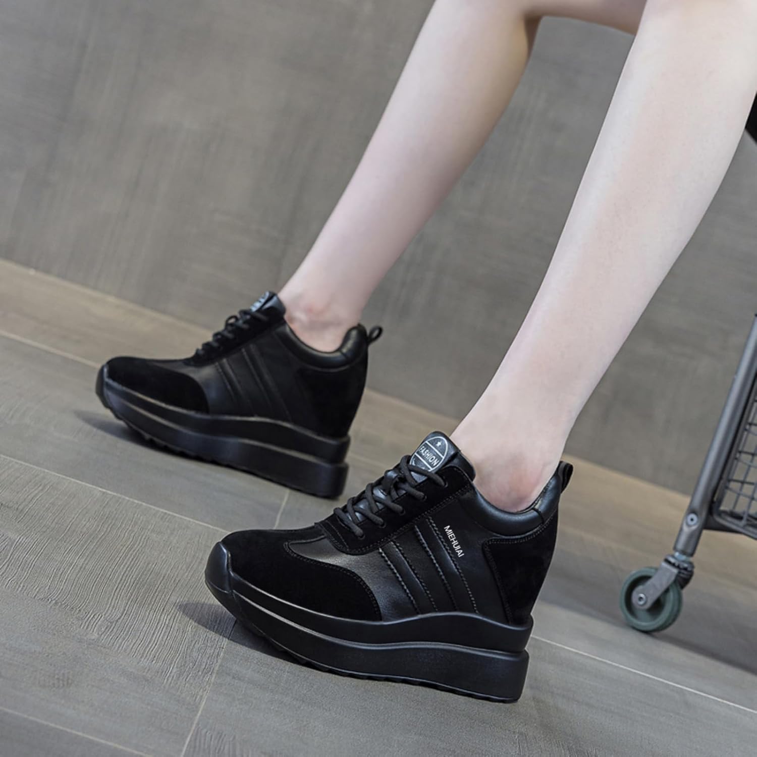 Platform Sneakers for Women High Hidden Heel Wedge Sneakers Fashion Leather Chunky Lace up Wedge Tennis Shoes Increasing 3.94 inch - Image 4