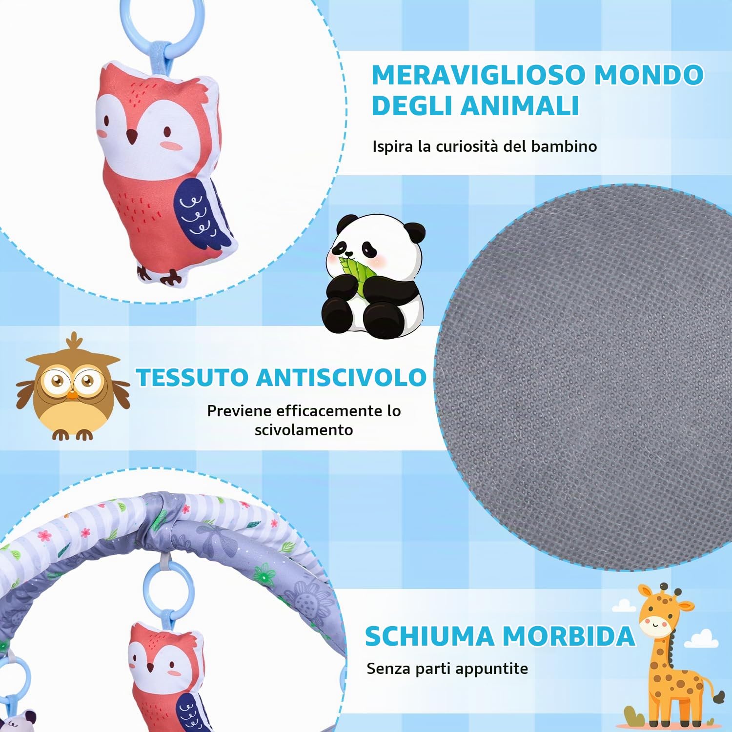 Palestrina Neonato con Arco Rimovibile, Palestrina Neonato Montessori con Cuscino per Tempo a Pancia in Giù, 5 Accessori Sensoriali Rimovibili, Lavabile e Morbido Tappetino Neonato Evolutivo