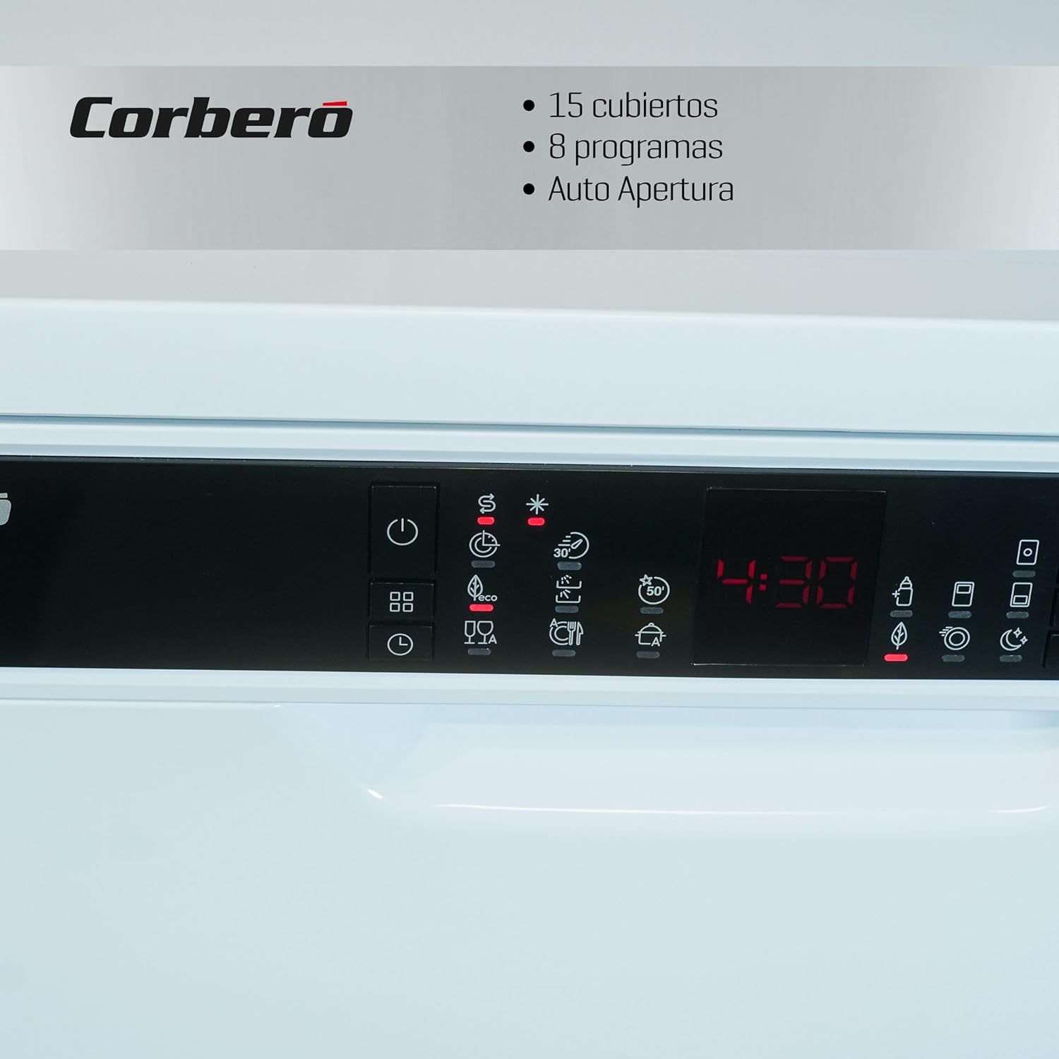 Dishwasher control panel with LED display and push buttons