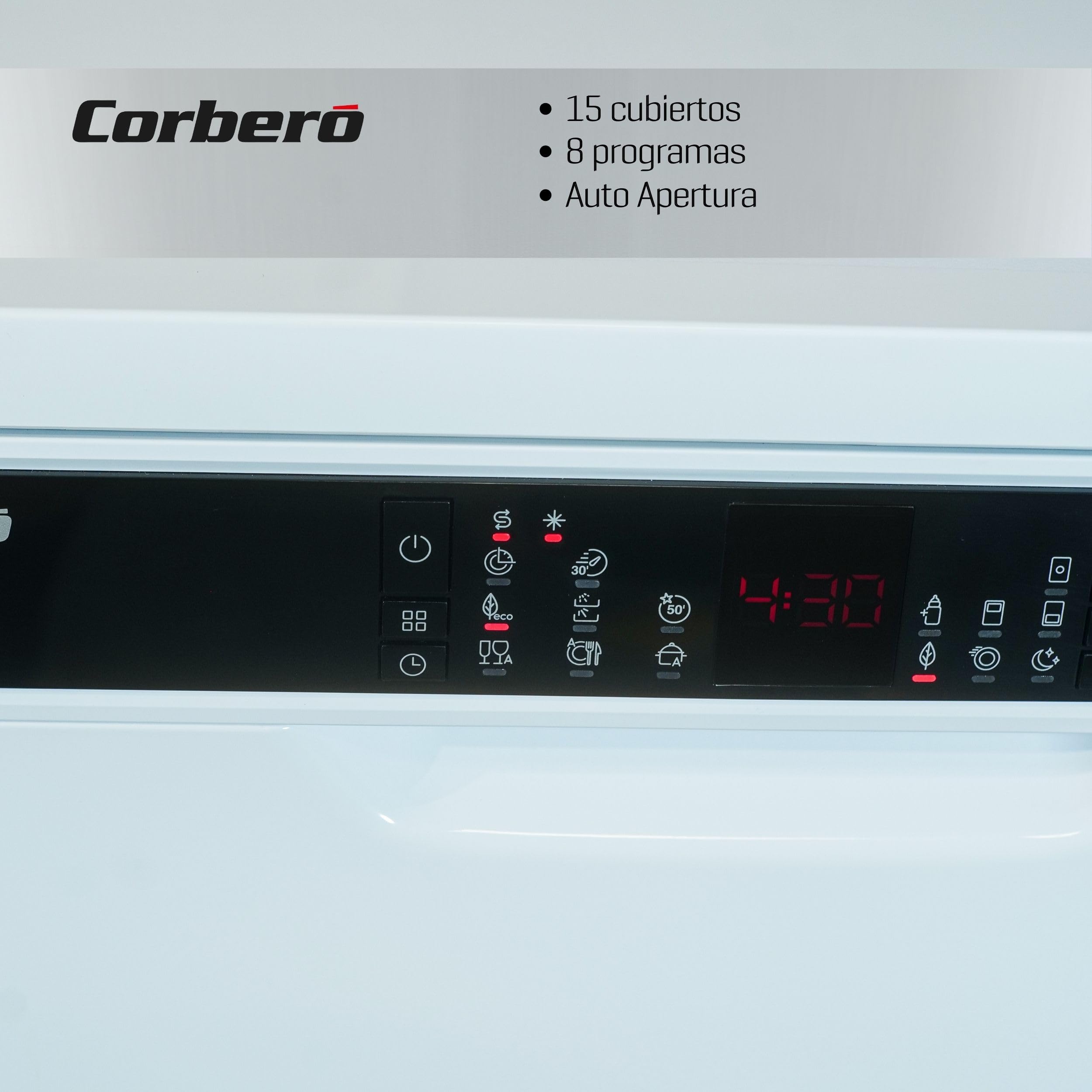 Corberó - Lavavajillas Gama Excellence | CLVV8622INVW | 15 Servicios | 8 Programas | 6 Temperaturas | Display LED | Turbo Fan Drying | Inicio Diferido | Media Carga | Auto Door | Blanco