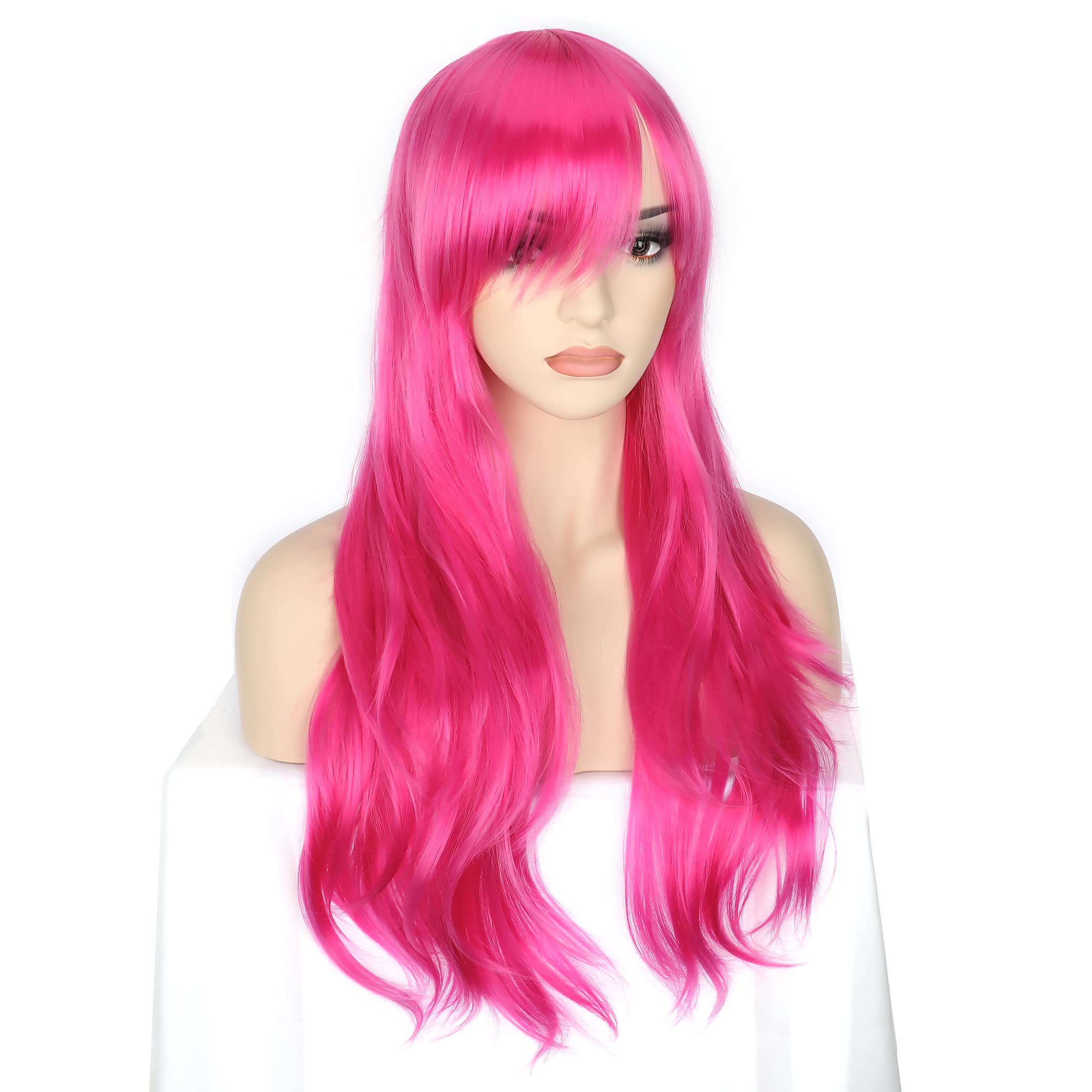 YEESHEDO Women's 28" 70 cm Cosplay Wig Long Wavy Curly Hair Ends with Bangs Wigs for Girls Heat Resistant Synthetic Wig for Party Costume Anime Halloween (Rose Pink) - Image 2
