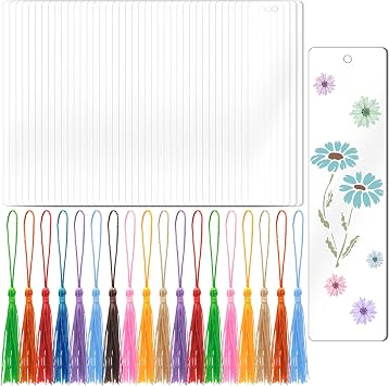 DSYIL 40 PCS Acrylic Bookmarks Blanks with 40 PCS Colorful Tassels, 1.8mm Thickness Rectangle DIY Clear Bookmark Bulk for Crafts Hanging Gift Tag Price Tags, 4.7 x 1.3 Inches