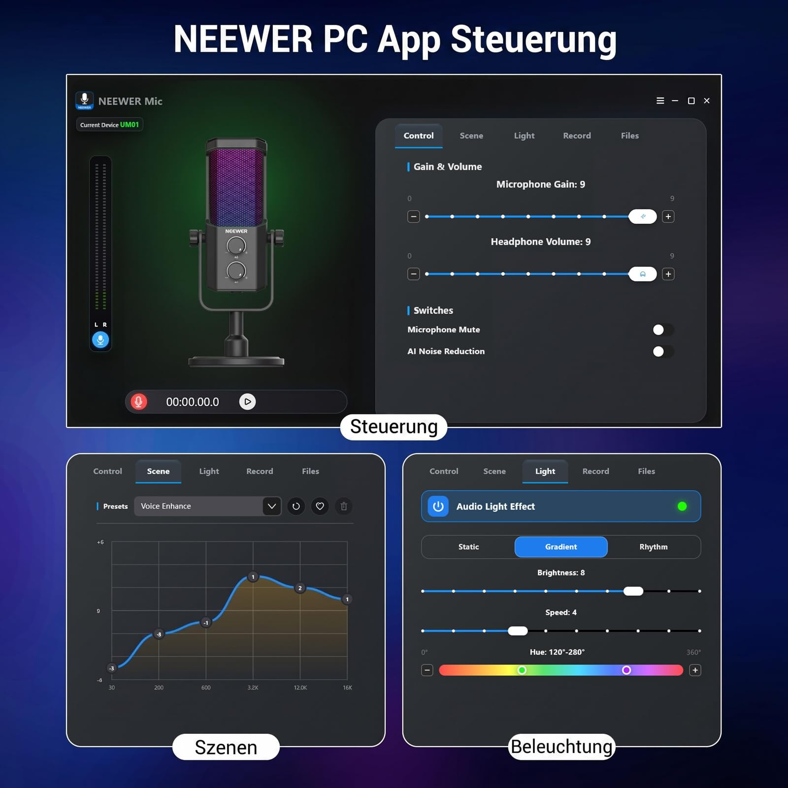 NEEWER UM01 USB Mikrofon mit AI Rauschunterdrückung, Plug & Play Kondensatormikrofon mit Nierencharakteristik und RGB, Stummschaltung/Musik Sync/App Steuerung für Android Windows PC Mac PS4/5