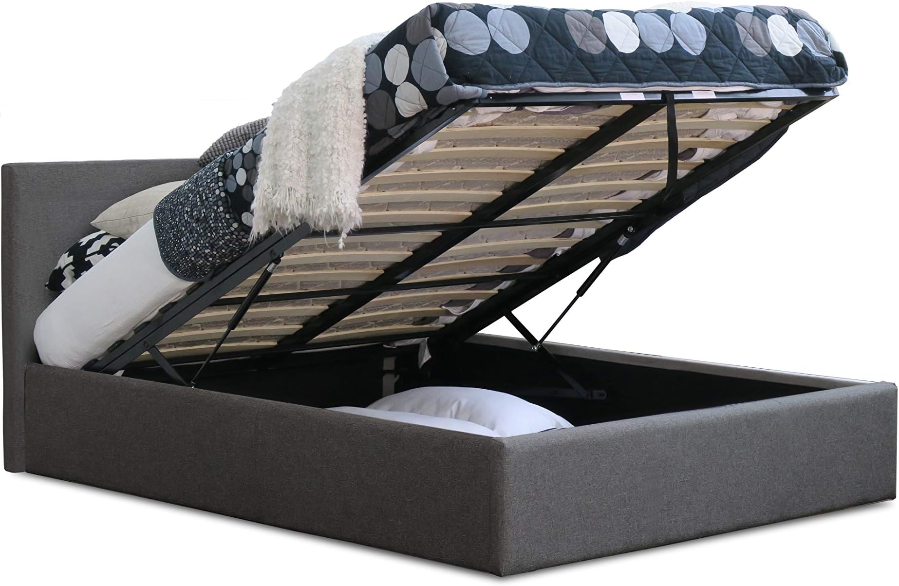 Modernique® Grey Fabric Ottoman Storage Bed 5FT Grey Linen Gas Lift Up Storage Bed King Sized Bed Frame (King (5FT))