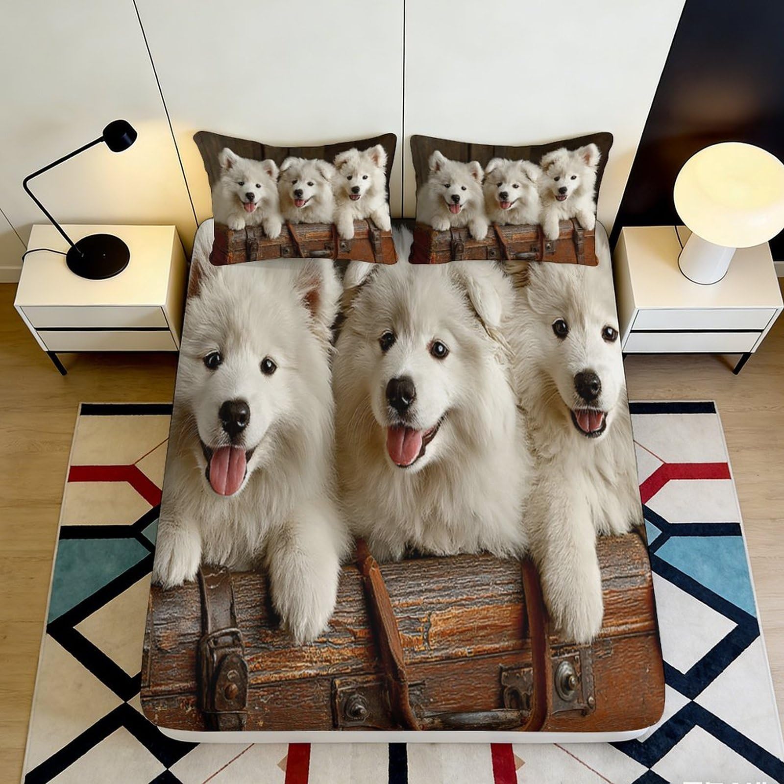 3D Printed White Samoyed Dog Fitted Sheet Microfiber Soft Anti-Slip Bed Cover Cute Puppy Pattern for Bedroom Guest Room Easy Care 90x200x25cm