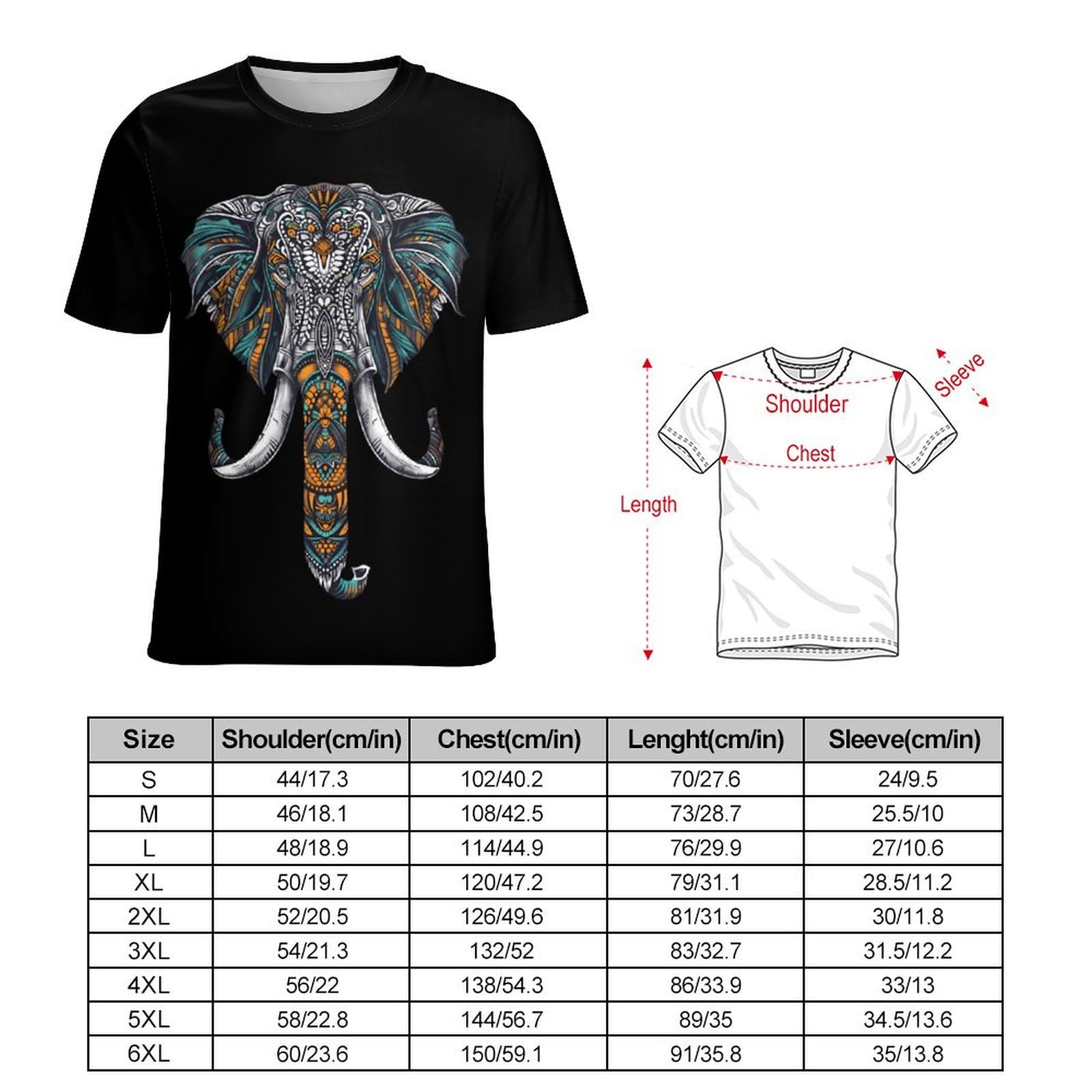 Bohemian Elephant Unisex Adult T-Shirts Summer Short Sleeve Tee Casual Tops Funny Graphic 4XL