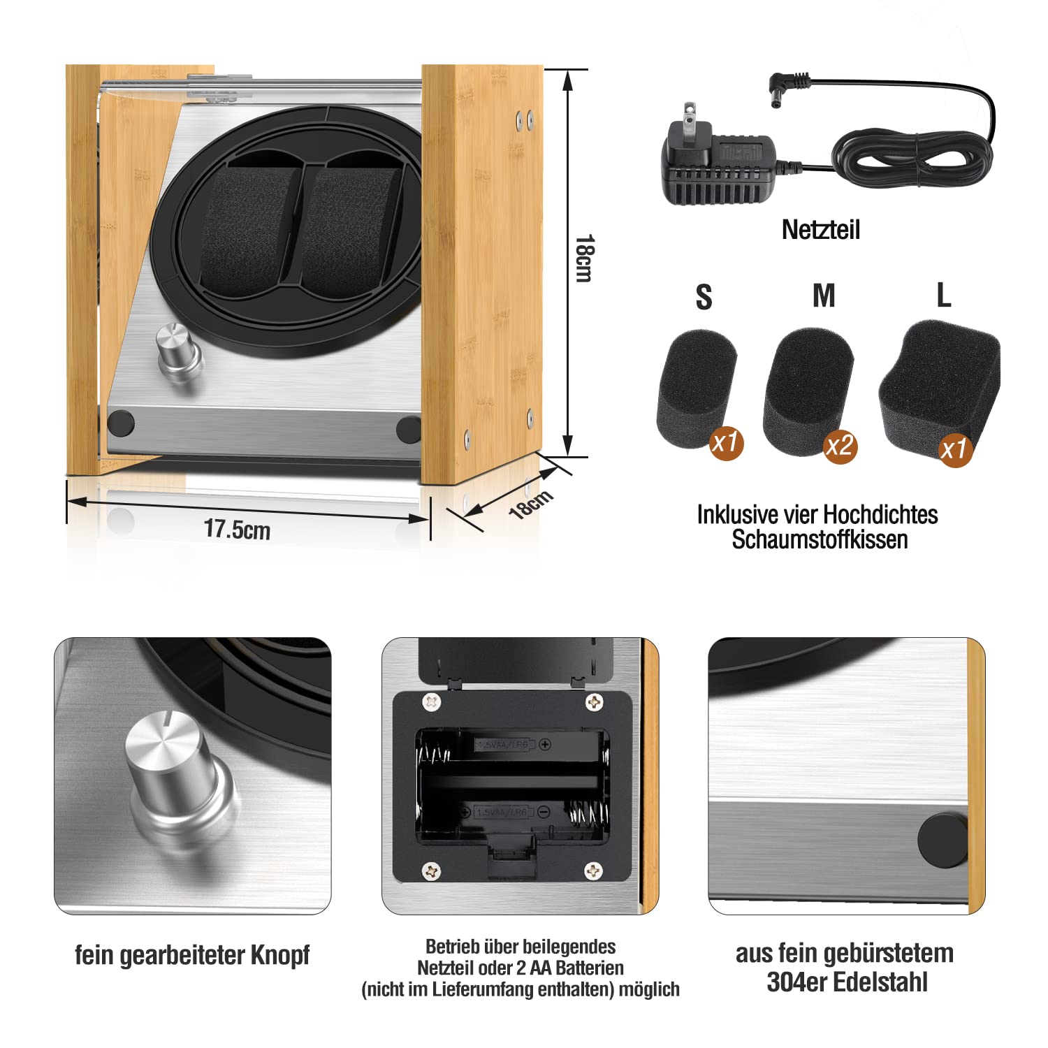 Watch Winder Smith Uhrenbeweger für 2 Uhren – Automatischer Uhrendreher mit 4 Laufmodi, leisem Japan-Motor & wahlweiser AC-/DC-Stromversorgung