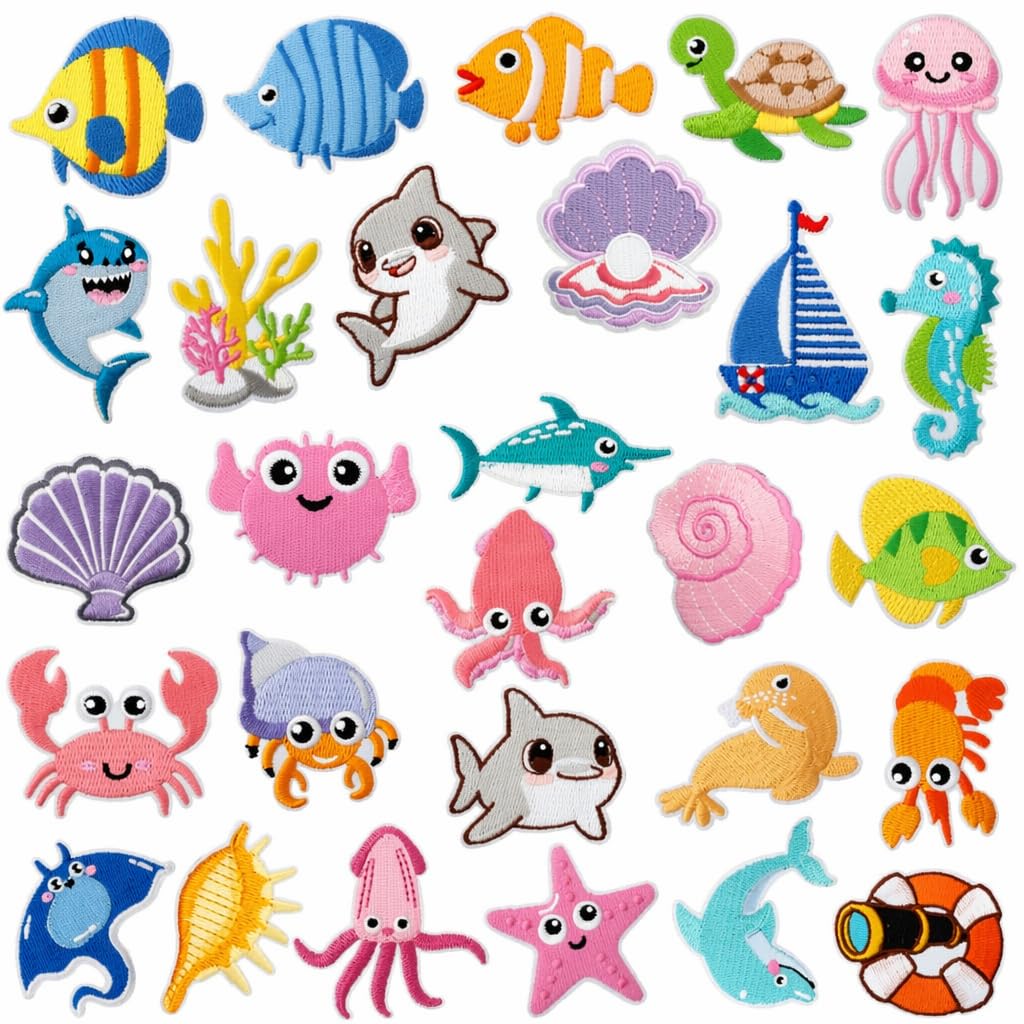 28pcs Sea Animal Iron/Sew on Patches Marine Organisms Embroidered Patches Iron Cute Summer Embroidered Applique for Ocean Beach Decration for Clothes, Hat, Bag, Jeans (Blue Ocean Series 2)