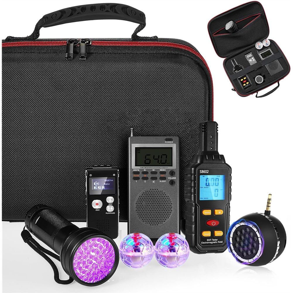 Kit D'Équipement 8 Pièces : 1 Compteur EMF, 1 Étui, 1 Enregistreur Vocal, 1 Lampe de Poche, 1 Haut-Parleur, 2 Boules Lumineuses pour Chat et 1 Radio FM.