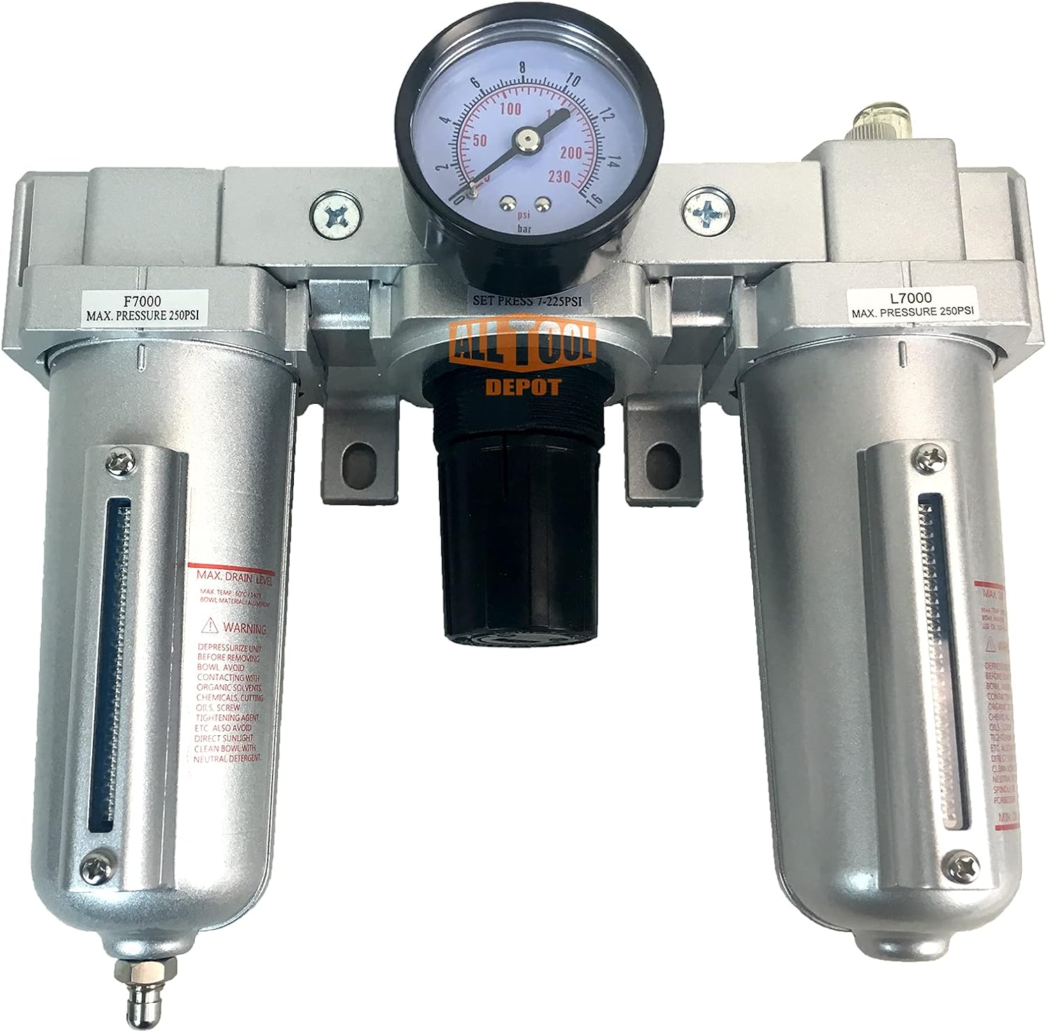 3/4 NPT HEAVY DUTY Compressed Air In Line Filter Regulator Lubricator Oiler Combo, Metal Bowl, 5 Micron Element, Adjustable From 7 to 215 PSI (MANUAL DRAIN)