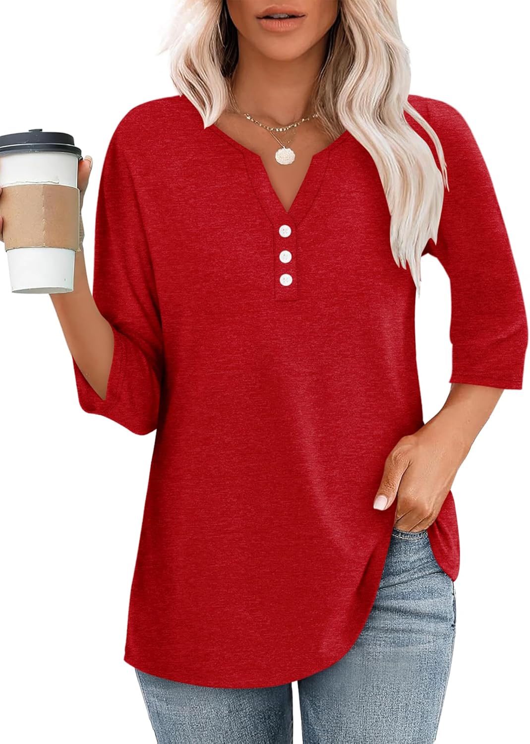 CRAZY GRID Womens Fashion 3/4 Sleeves Tops Fall Crew Neckline Loose Fitting Type Button Down Business Work T Shirts - Image 4