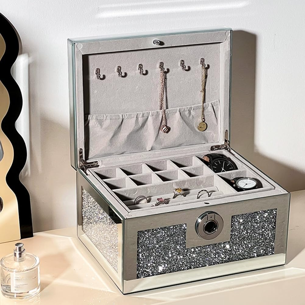 Glass Fingerprint Unlocking Jewelry Storage Box, Exquisite Rhinestone Shiny Locked Jewelry Box, Multi-Layer Jewelry Safe Jewelry Cabinet,Silver