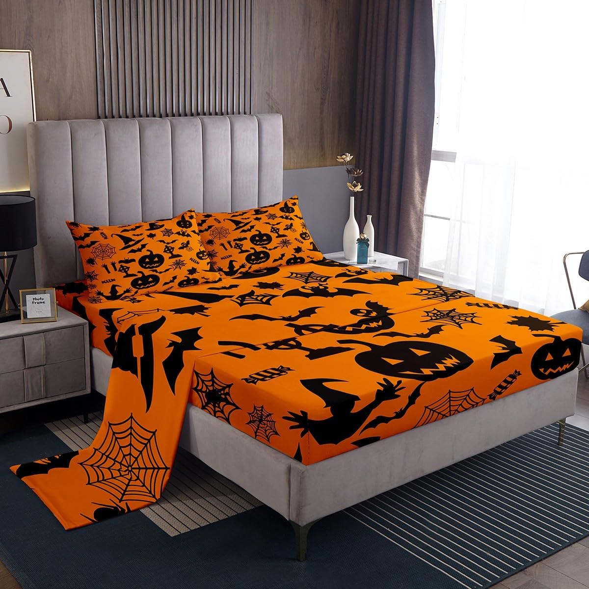 Erosebridal Gradient Black Cat Bed Sheets Set King Size,Halloween Skull Sheet Set for Youth Adult,Galaxy Moonight Sheets,Skeleton Flat Fitted Sheet with 2 Pillowcases,Halloween Decorations for Home