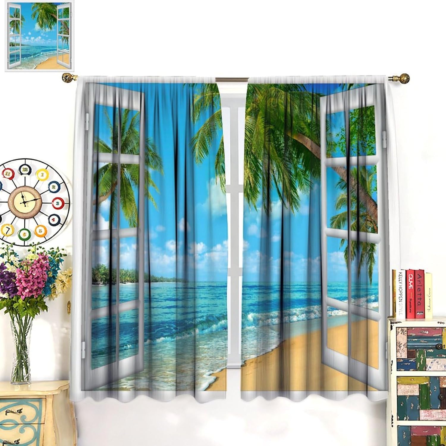 Tropical Beach Scenery Curtains Ocean Landscape Palm Coconut Tree Curtain with Rod Pocket for Bedroom Living Room Home Decor Drapes Window Treatments 2 Panels Set 42x63in