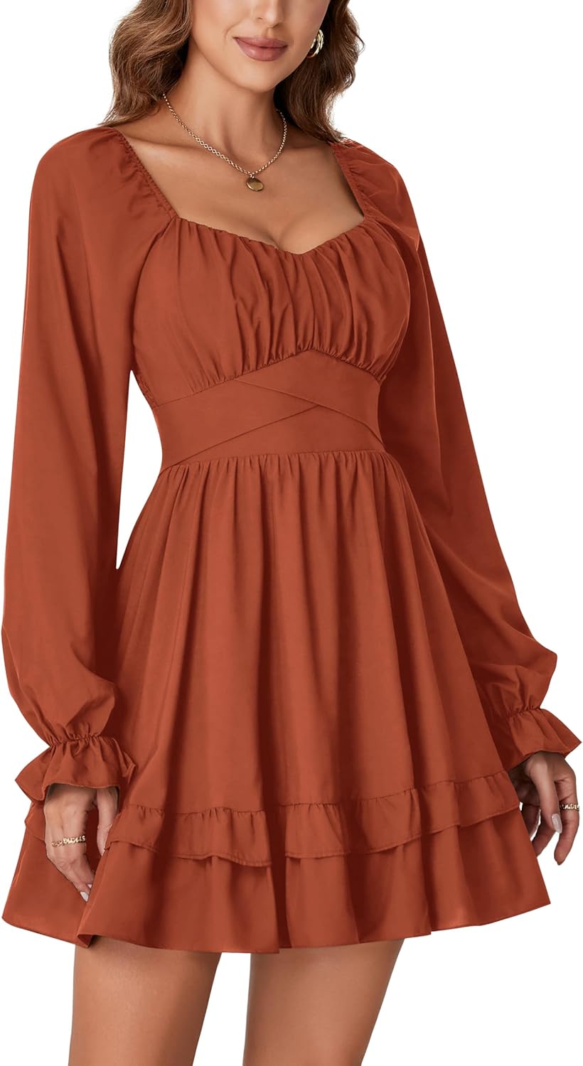 KIFOVEN Women's Lantern Long Sleeve Smocked Wrap Tiered Ruffle Flowy A Line Short Mini Dress - Image 4