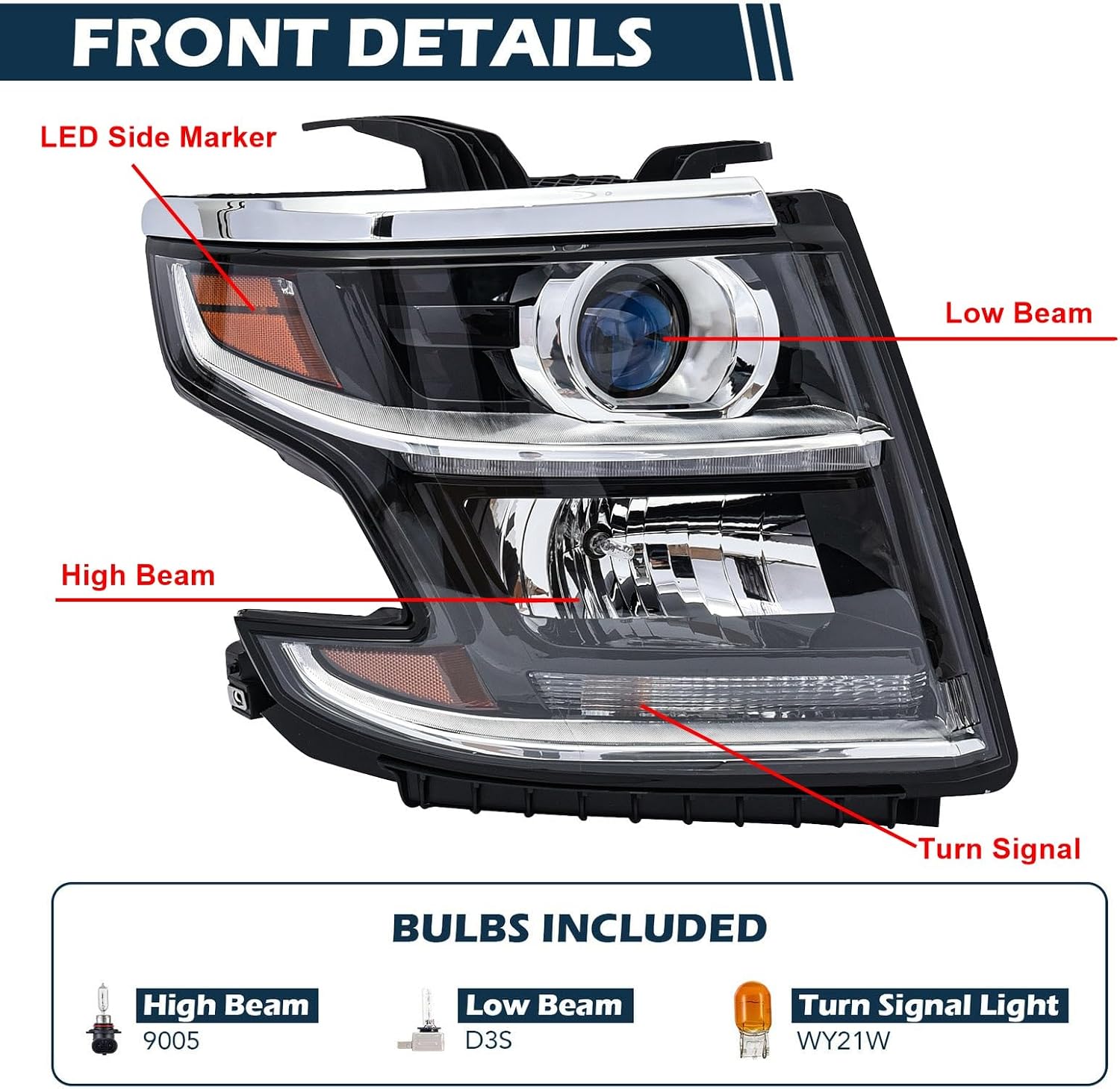 HID/Xenon Headlight Assembly Compatible with 2015-2020 Chevy Tahoe Suburban LTZ/Premier Projector Headlamp Replace for OE# 84582598 GM2503406 (Right Passenger Side)