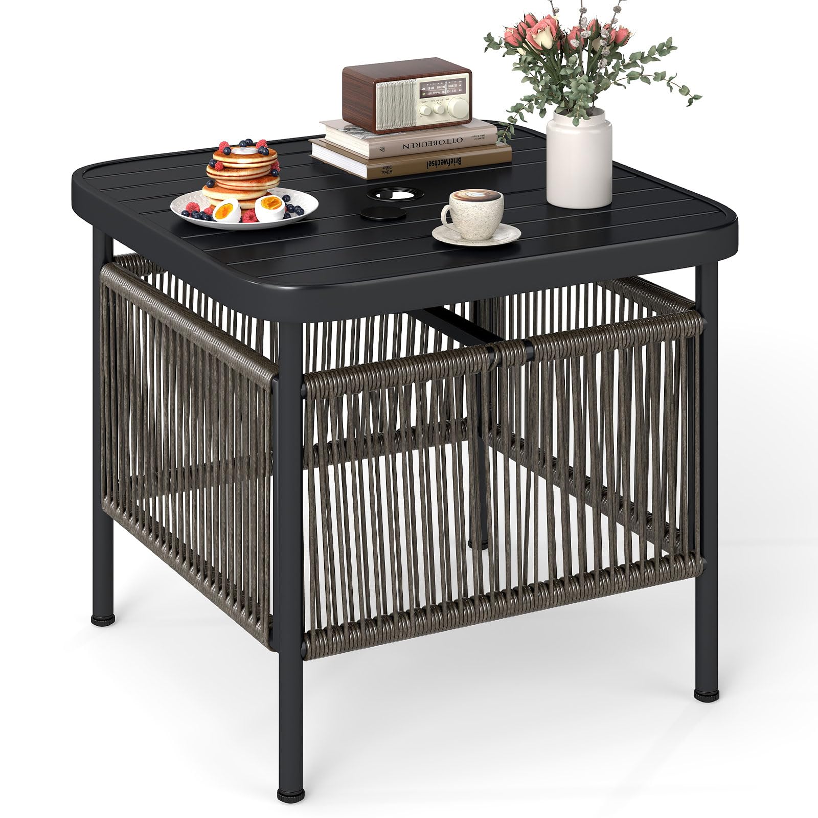 CASART Patio Side Table with Umbrella Hole, Square Rattan Coffee Tables with Metal Tabletop & Legs, Small Wicker Bistro Table for Garden Balcony Poolside