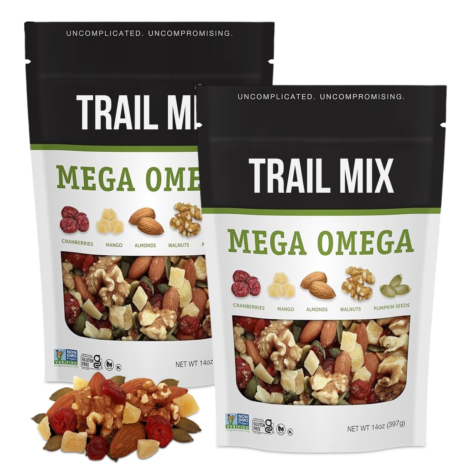 Trail-Mix Individual Packs – 2-Piece Mega Omega Trail Mix Bulk for Snacking, On The Go – Delicious and Fresh Snack Packs – Non-Gluten, Vegan Friendly, Non-GMO
