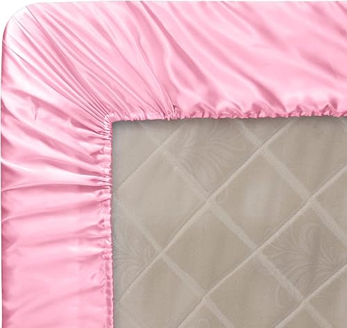 Miniatura 6 de Homiest Sábana bajera ajustable de satén rosa tamaño individual, sábana bajera de bolsillo profundo, sábana bajera de lujo y ultrasuave, sábana