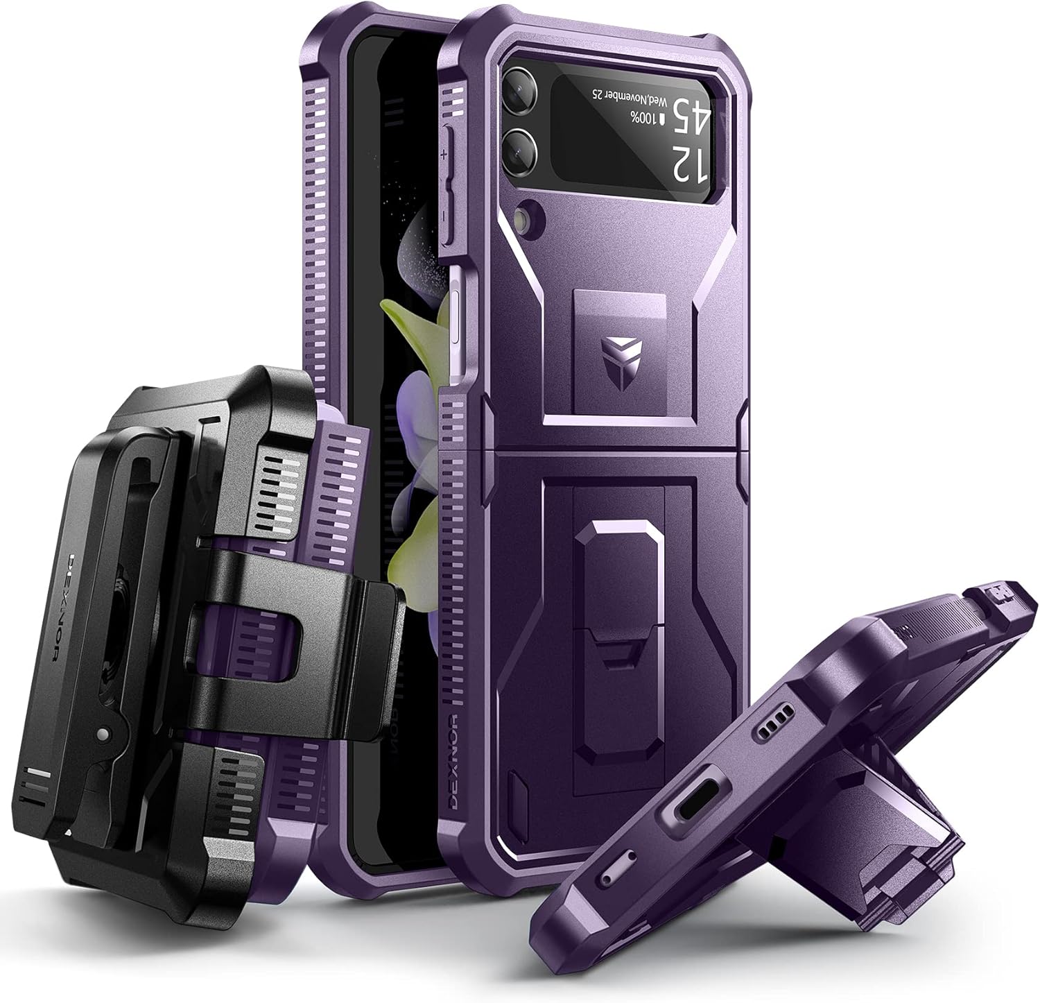 Dexnor Shockproof Case for Samsung Galaxy Z Flip 4 5G,Rugged Bumper Protective Case with Foldable Kickstand, Holster Cover with 360°Rotatable Belt Clip,Phantom Purple